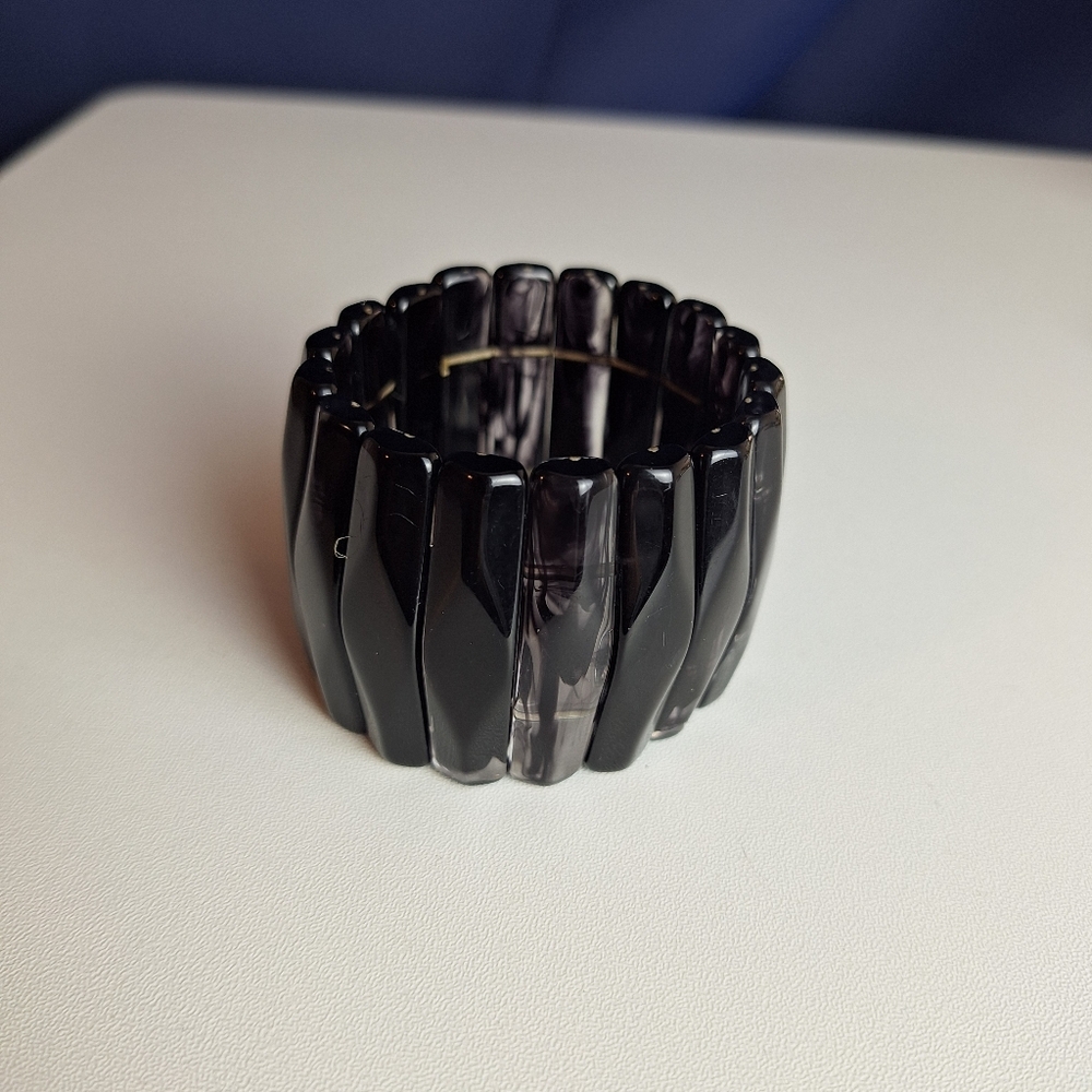 Black Marbled Wide Cuff Stretchy Bracelet Lucite 1 7/8" Wide